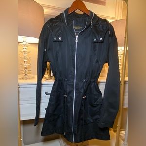 Bella Donna Moda Italiana Hooded Women’s Jacket in black with silver hardware.